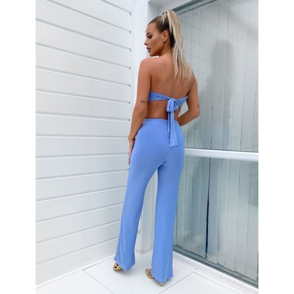 Blue Strapless Ruched Crop Top and High Waist Wide Leg Pants Two Piece Set - Picture 4 of 6